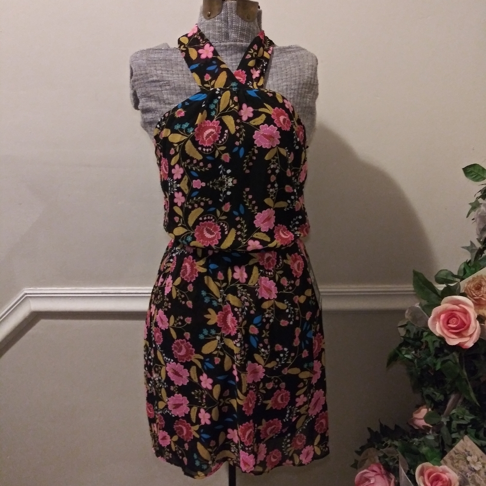 Express Black & Pink Floral Halter Mini Dress